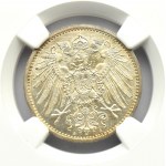 Německo, Prusko, 1 marka 1914 A, Berlín, vynikající mincovní kopie, NGC MS67+