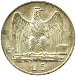 Italy, Vittorio Emanuele III, 5 lire 1927 R, Rome, UNC