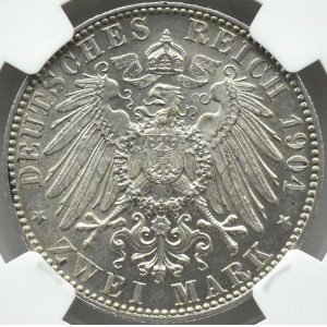 Německo, Sasko, Georg, 2 marky 1904 E, Muldenhütten - posmrtné vydání, NGC MS61