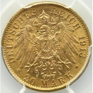 Německo, Prusko, Vilém II. v uniformě, 20 marek 1913 A, Berlín, PCGS MS63