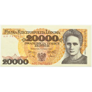 Polsko, PRL, M. Skłodowska, 20000 zlotých 1989, série AM, Varšava, UNC