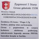 Zikmund I. Starý, groš 1538, Gdaňsk PRVSS VELMI DOBRÝ