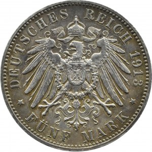 Německo, Württemberg, Wilhelm II, 5 značek 1913 F, Stuttgart