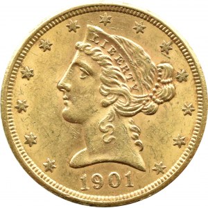 USA, Half Eagle, $5 1901 S, San Francisco, Krásná