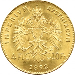 Rakousko-Uhersko, František Josef I., 4 florény/10 franků 1892, Vídeň, UNC