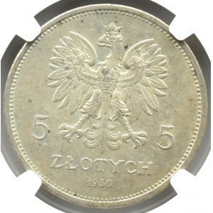 Poľsko, II RP, 5 zlotých 1930, zástava, Varšava, NGC MS63