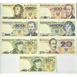 Polsko, PRL, Sada 7 bankovek 20-1000 zlotých 1982-1988, Varšava, UNC