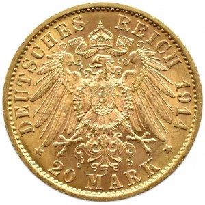 Německo, Prusko, Vilém II. v uniformě, 20 značek 1914 A, Berlín