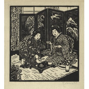 MICHL, Ferdinand (1877-1951) - Gejsze przy herbacie. Drzeworyt 24x22,5 cm, na arkuszu 36x26,5 cm, sygn...