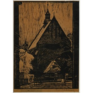 SERBEŃSKI, Antoni (1886-1957) - Kościół farny w Ostrzeszowie. Drzeworyt na papierze 23,5x17 cm (kompozycja)...