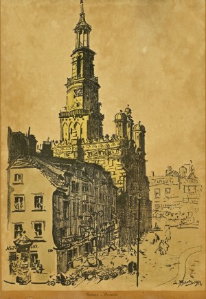 WYCZÓŁKOWSKI, Leon (1852-1936) - Ratusz w Poznaniu ; 1933. Litografia barwna 36,7x26 cm ; sygn. na kamieniu p...