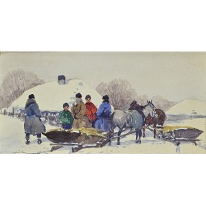 SETKOWICZ, Adam (1875-1945) - Winter Meeting. Watercolor 15x30 cm (flush), signed l. d. Opr. 23.5x38...