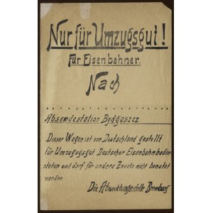 [BYDGOSZCZ, Eisenbahn] Nur für Umzugsgut! Für Eisenbahner. Nach Absendestation Bydgoszcz...