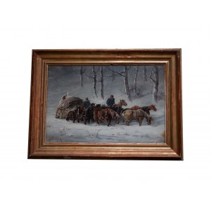 STEINACKER Alfred (A. DERFLA) (1838 - 1914), Pejzaż zimowy z zaprzęgami konnymi i chłopami
