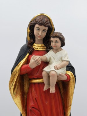 Autor nieznany, Drewniana rzeźba Madonny z dzieciątkiem XXw