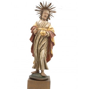 Autor nieznany, Drewniana rzeźba Chrystus stojący z aureolą i kulą ziemską