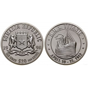 Somalia, sztabka wagi 1 uncji z nominałem 20 dolarów, 1998