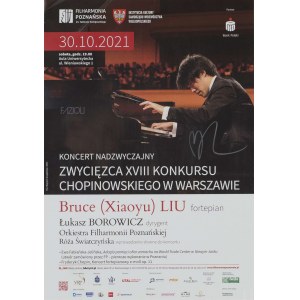 Plakat Zwycięzca XVIII Konkursu Chopinowskiego w Warszawie sygnowany przez Bruce Liu.