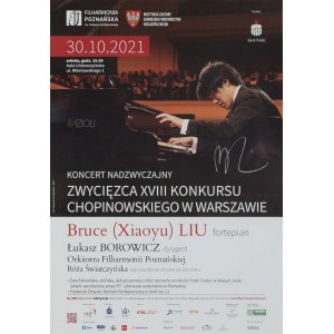 Plakat Zwycięzca XVIII Konkursu Chopinowskiego w Warszawie sygnowany przez Bruce Liu.