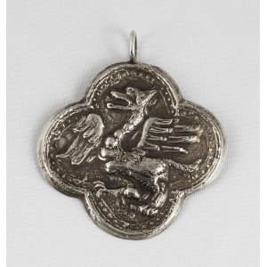 Pendant in the form of a four-leaf tin with a representation of a griffin or dragon.