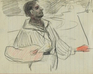 Stanisław KAMOCKI (1875-1944), Portret malarza z paletą i pędzlem przy sztaludze na tle pejzażu, ok. 1910.