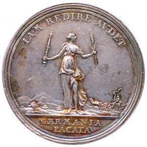 medal z 1763 r. autorstwa Jana Leonarda Oexleina, wybity z okazji pokoju w Hubertusburgu