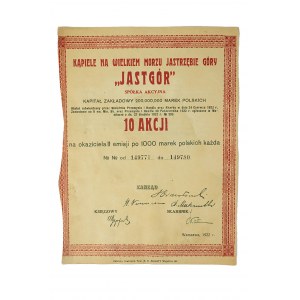 JASTGÓR Akciová spoločnosť 10 akcií po 1000 poľských mariek, bez kupónov, Varšava 1922.
