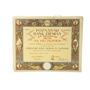 Poznański Bank Ziemian akcja na 100 złotych, Poznań 1 grudnia 1927r.