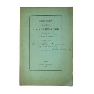[DEDICATION to H.Mickiewicz] KRASIŃSKI A.S. - Four hymns of X. Bishop A.S.Krasinski in memory of his stay in Rome, Rome 1884, on the cover handwritten dedication of the author to Helena Mickiewiczówna [granddaughter of A.Mickiewicz].