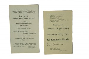 Dwie pamiątki święceń kapłańskich ks. Maksymilian Schrwentke 2 lipca 1928r. [zginął w Dachau] i ks. Kazimierz Warda 24 czerwca 1946r. [ w latach 1965-82 proboszcz fary w Bydgoszczy]