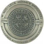 [Srebro] Medal z okazji 400 rocznicy utworzenia mennicy w Bydgoszczy 1594 - 1994, średnica 40mm, waga 42,7g, próba 925 na rancie