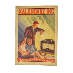 Kalendarz IKC na rok 1938, piękne tablice z reklamami m.in. Polskiego Fiata, porcelany Ćmielowskiej, kosmetyków Barcikowskiego z Poznania, nalewek Baczewskiego