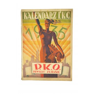 Kalendarz IKC na rok 1935 z pięknymi, kolorowymi reklamami m.in.: Franck kawa Kneippa, Polskie Koleje Państwowe, Barwolit papa bitumiczna