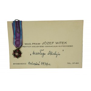 Miniatur des Vorkriegs-Verdienstkreuzes mit der Visitenkarte des ausgezeichneten Direktors des Städtischen Kaufmannsgymnasiums in Bydgoszcz, April 1939.