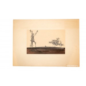 SKUPIN Ryszard - Spálené veterné mlyny zo série Don Quijote, dielo prezentované na výstave Poľská plastická tvorba pri príležitosti 15. výročia Poľskej ľudovej republiky v roku 1961, f. 42 x 29,5 cm