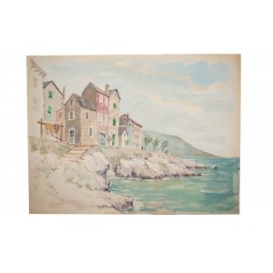 SKUPIN RYSZARD - akvarel Domy na brehu, signovaný, f. 48 x 36 cm