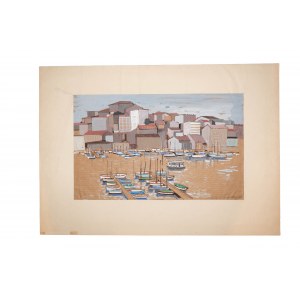 SKUPIN Ryszard - Marsylia. Nabrzeże z przystanią dla łódek, sygnowana, 1963r., f. 50 x 31cm w świetle passe-partout