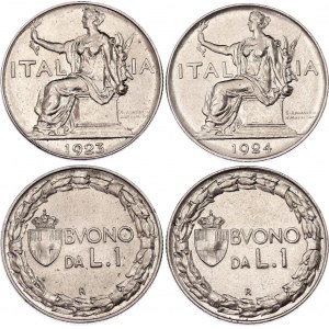 Italy 2 x 1 Lira 1923 - 1924 R