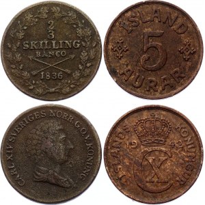 Sweden & Iceland Lot of 2 Coins 1836 & 1942