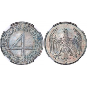 Germany - Weimar Republic 4 Reichspfennig 1932 A NGC MS 64 BN