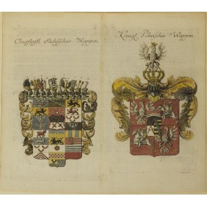 SAKSONIA/ POLSKA. Karta przedstawiająca herby Saksonii i Królestwa P ...