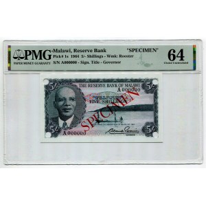Malawi 5 Shillings 1964 Specimen PMG 64