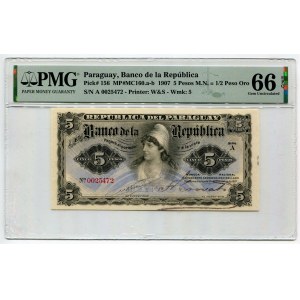 Paraguay 5 Pesos 1907 PMG 66 EPQ