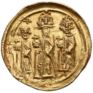 Heraclius (AD 610-640) with Heraclius Constantine and Heraclonas, AV Solidus, Constantinople mint, 9th officina, year 10 = AD 636-637