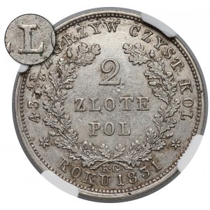 Powstanie Listopadowe, 2 złote 1831 KG - Ł bez belki - NGC AU53