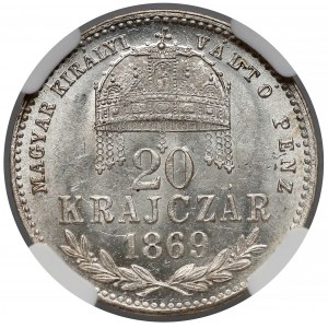 Austro-Węgry, 20 krajcarów 1869 KB - NGC MS63+