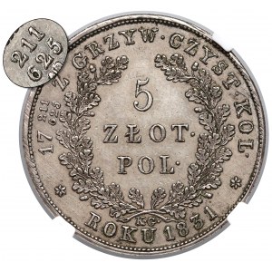 Powstanie Listopadowe, 5 złotych 1831 KG - BEZ KRESKI - NGC AU55