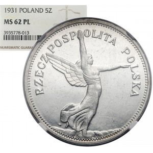 PROOF LIKE 5 złotych 1931 Nike - rzadka i piękna - NGC MS62 PL