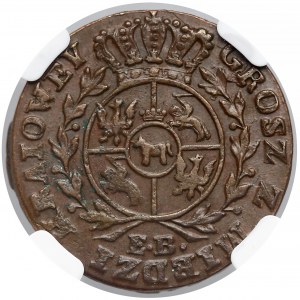 Poniatowski, Grosz Z MIEDZI KRAIOWEY 1786 E.B. - NGC AU58 BN