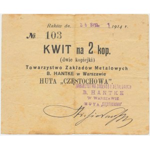 Raków, B. Hantke Huta CZĘSTOCHOWA, 2 kopiejki 1914